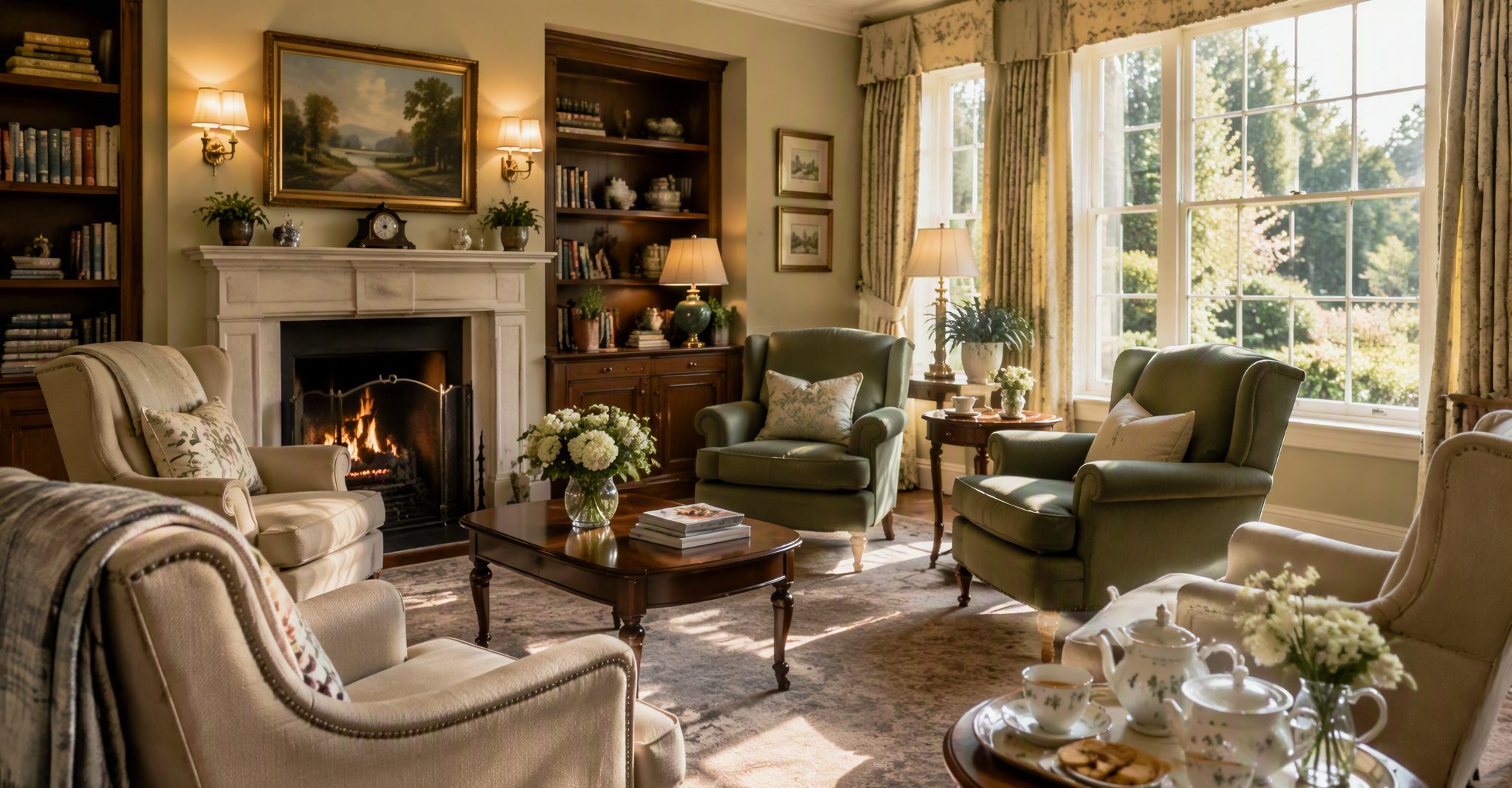 The communal lounge with fireplace and garden view