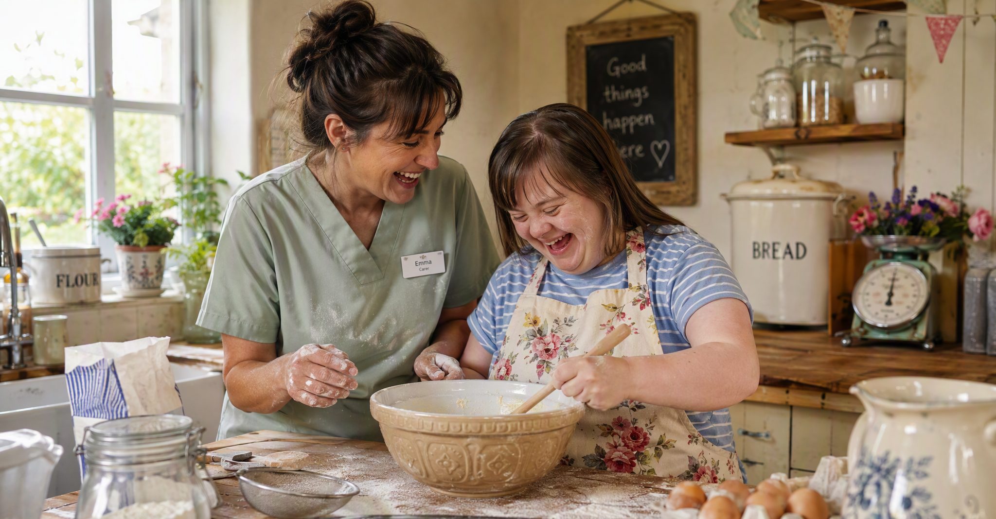 A carer and resident baking together in the kitchen