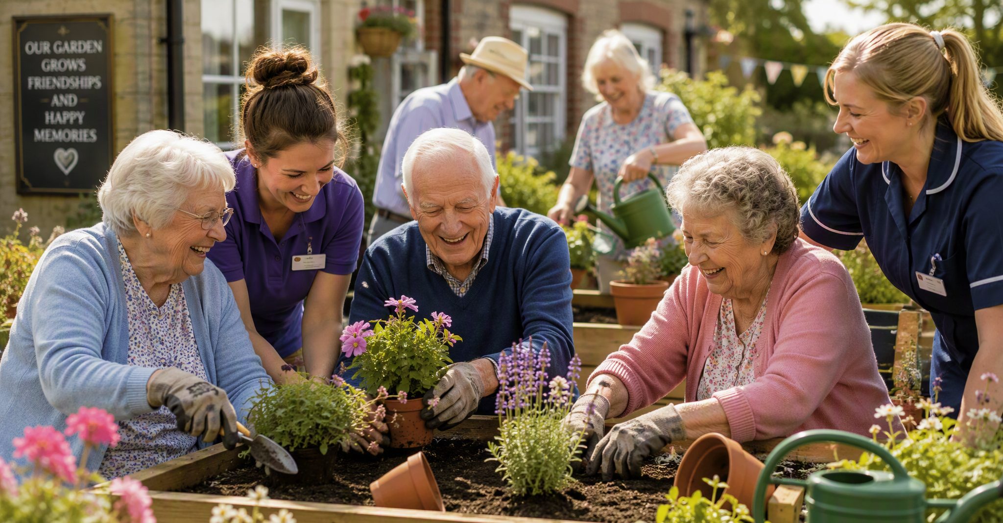 Residents and carers planting flowers together