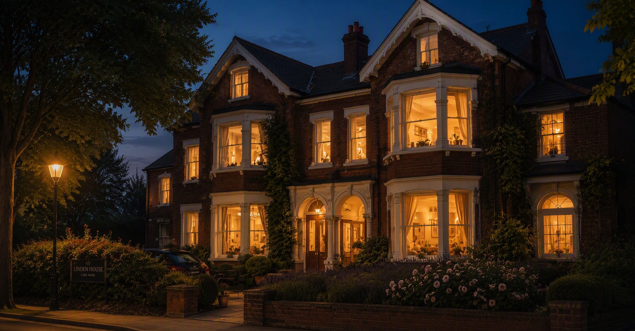 The house at dusk with warm glowing windows